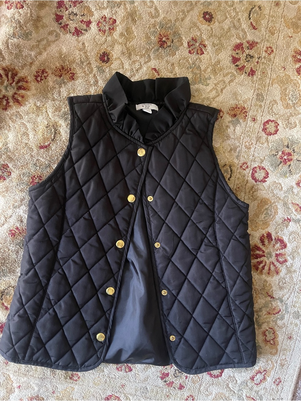 crown & ivy Black Quilted Sleeveless Vest with Gold Buttons